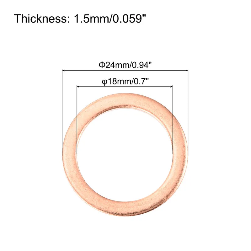 22 Pcs Flat Copper Washers 18x24x1.5mm Copper Flat Sealing Ring Washers