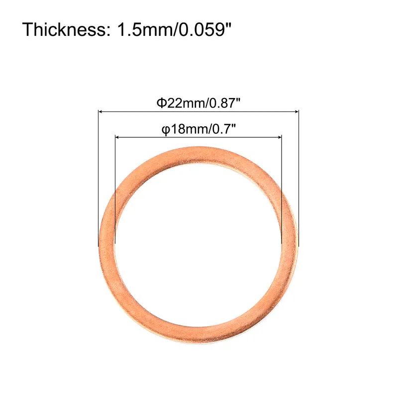 22 Pcs Flat Copper Washers 18x22x1.5mm Copper Flat Sealing Ring Washers