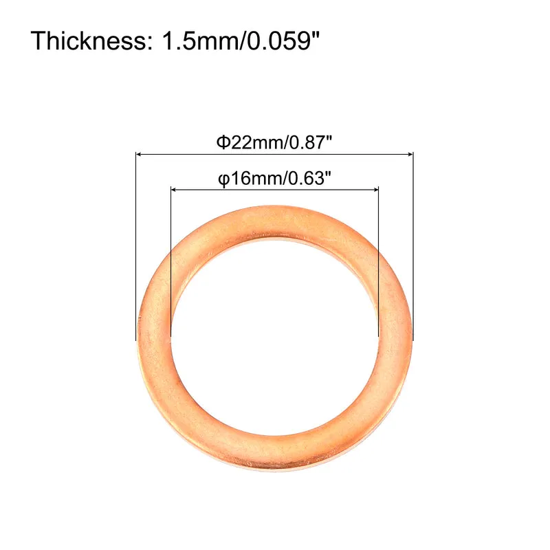 22 Pcs Flat Copper Washers 16x22x1.5mm Copper Flat Sealing Ring Washers