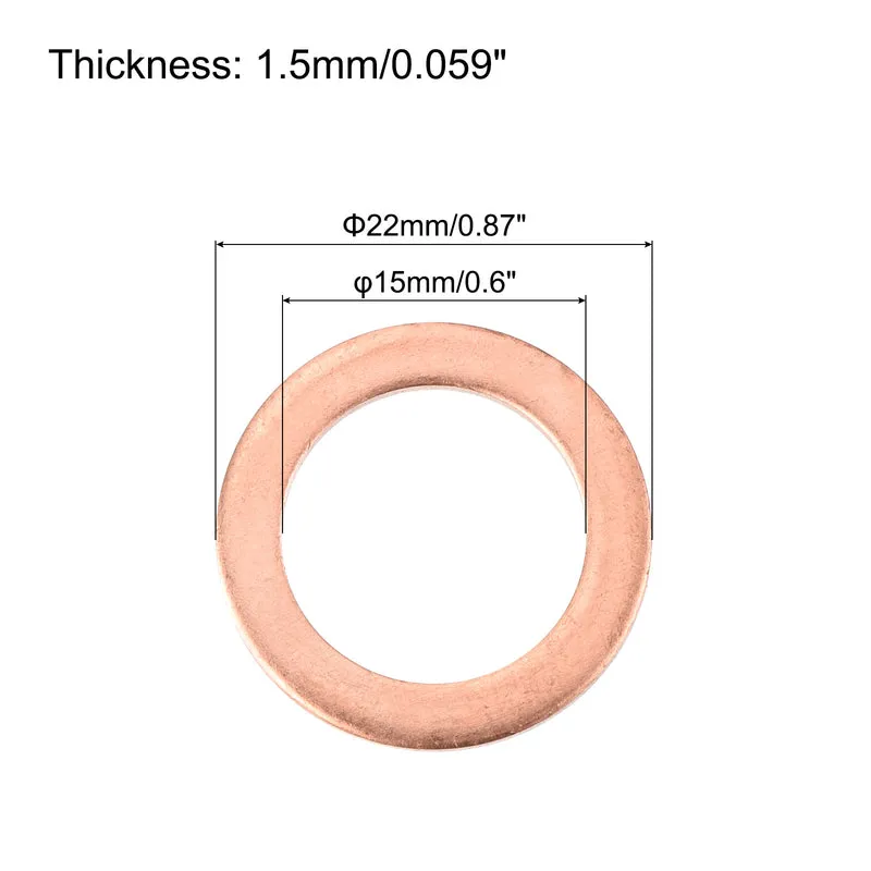 22 Pcs Flat Copper Washers 15x22x1.5mm Copper Flat Sealing Ring Washers