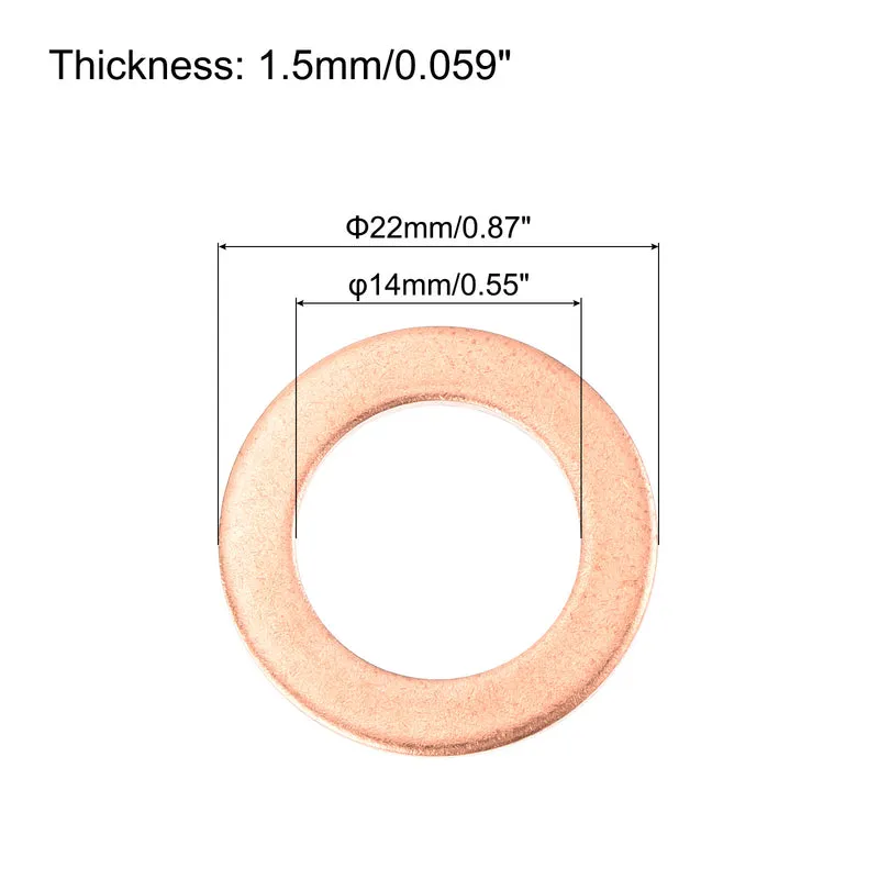 22 Pcs Flat Copper Washers 14x22x1.5mm Copper Flat Sealing Ring Washers