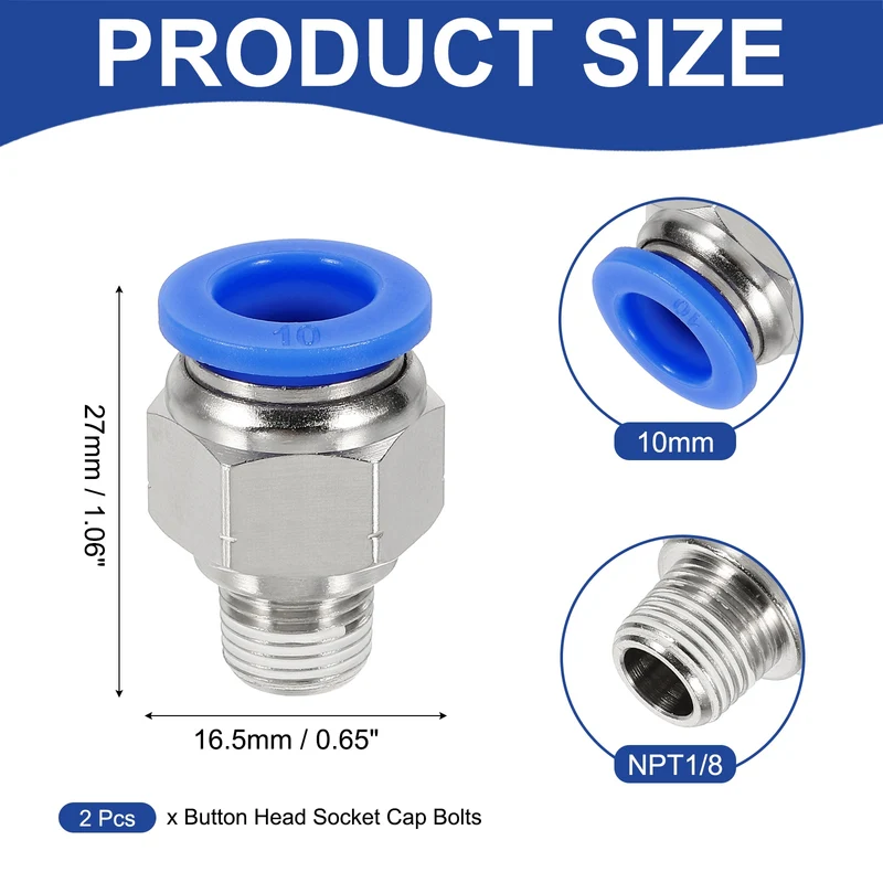 2 Pcs NPT Male 10mm Tube OD x 1/8" NPT Thread Push to Connect Fittings, Blue