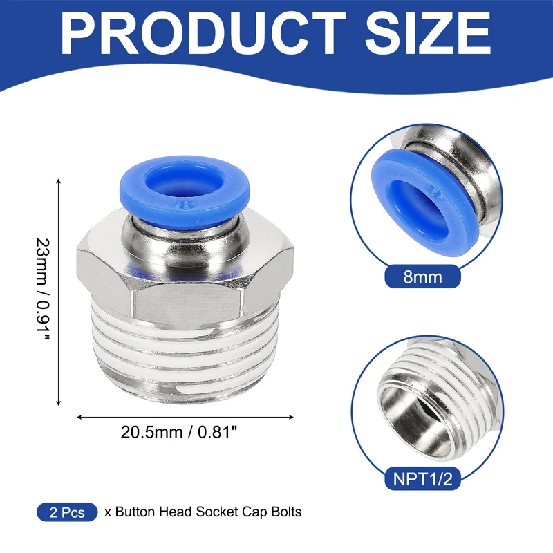 2 Pcs NPT Male 8mm Tube OD x 1/2" NPT Thread Push to Connect Fittings, Blue