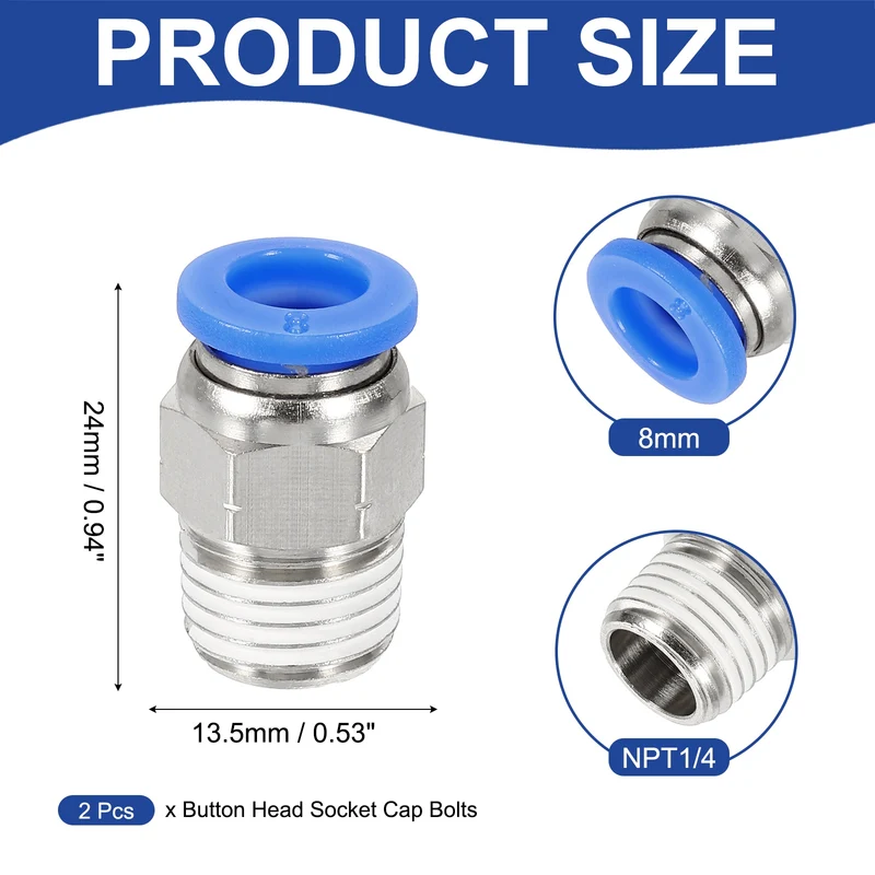 2 Pcs NPT Male 8mm Tube OD x 1/4" NPT Thread Push to Connect Fittings, Blue