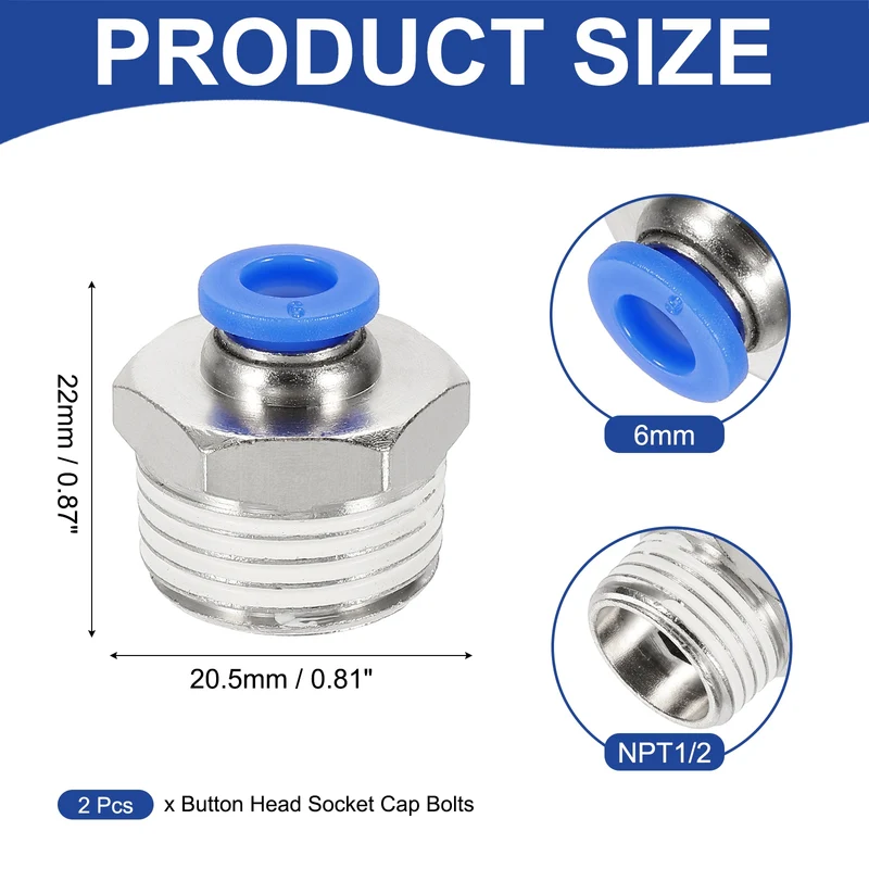 2 Pcs NPT Male 6mm Tube OD x 1/2" NPT Thread Push to Connect Fittings, Blue