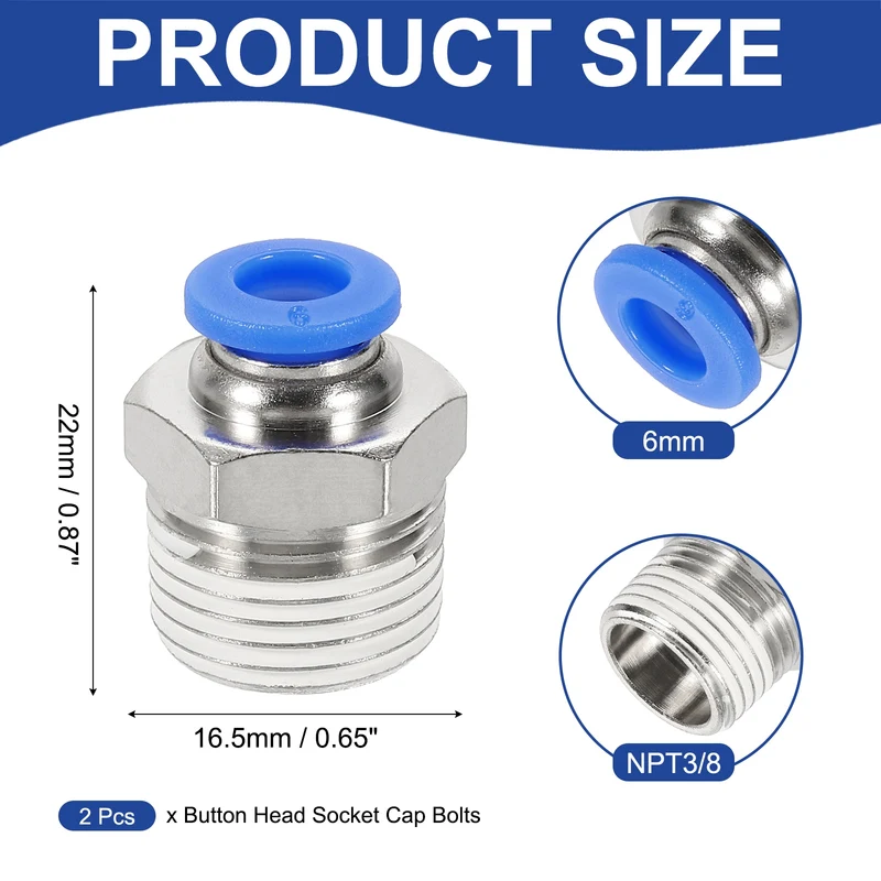 2 Pcs NPT Male 6mm Tube OD x 3/8" NPT Thread Push to Connect Fittings, Blue