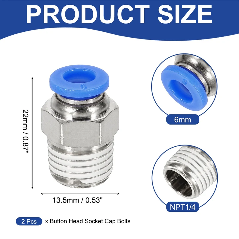 2 Pcs NPT Male 6mm Tube OD x 1/4" NPT Thread Push to Connect Fittings, Blue