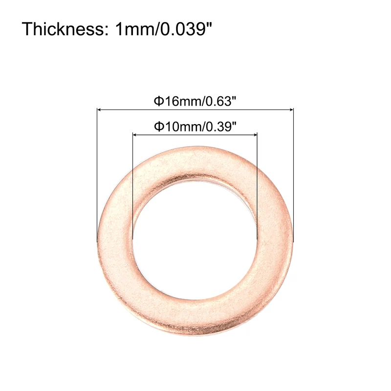 12 Pcs Flat Copper Washers, 10x16x1mm Copper Flat Sealing Crush Ring Washers