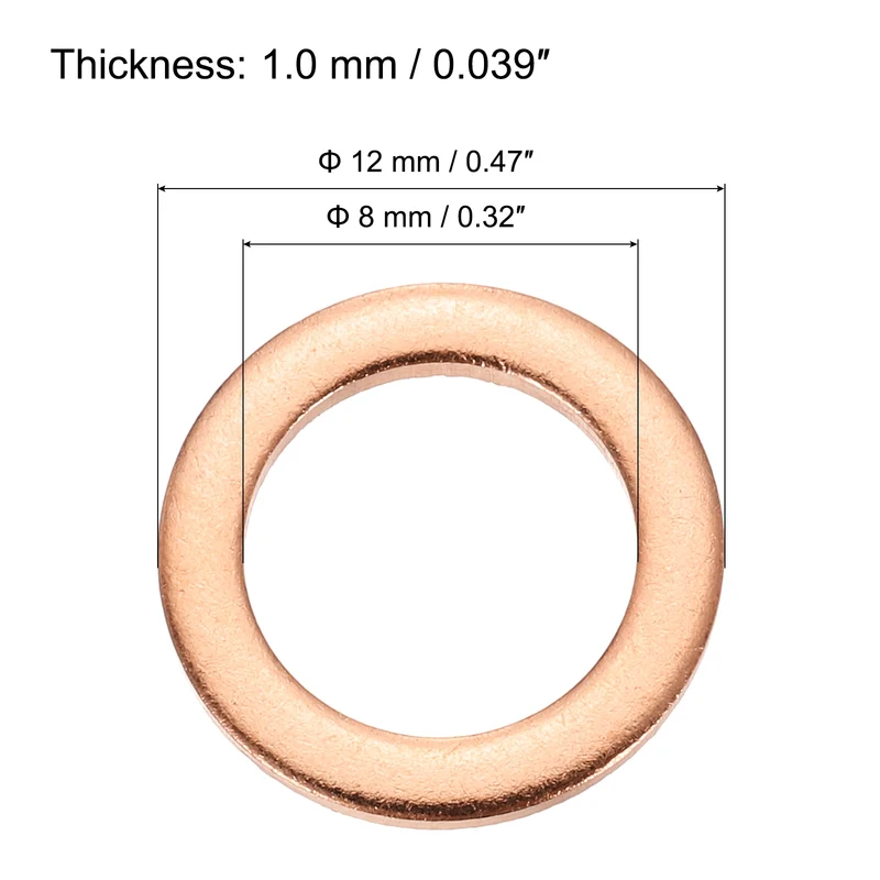 30 Pcs Flat Copper Washers, 8x12x1mm Copper Flat Sealing Crush Ring Washers