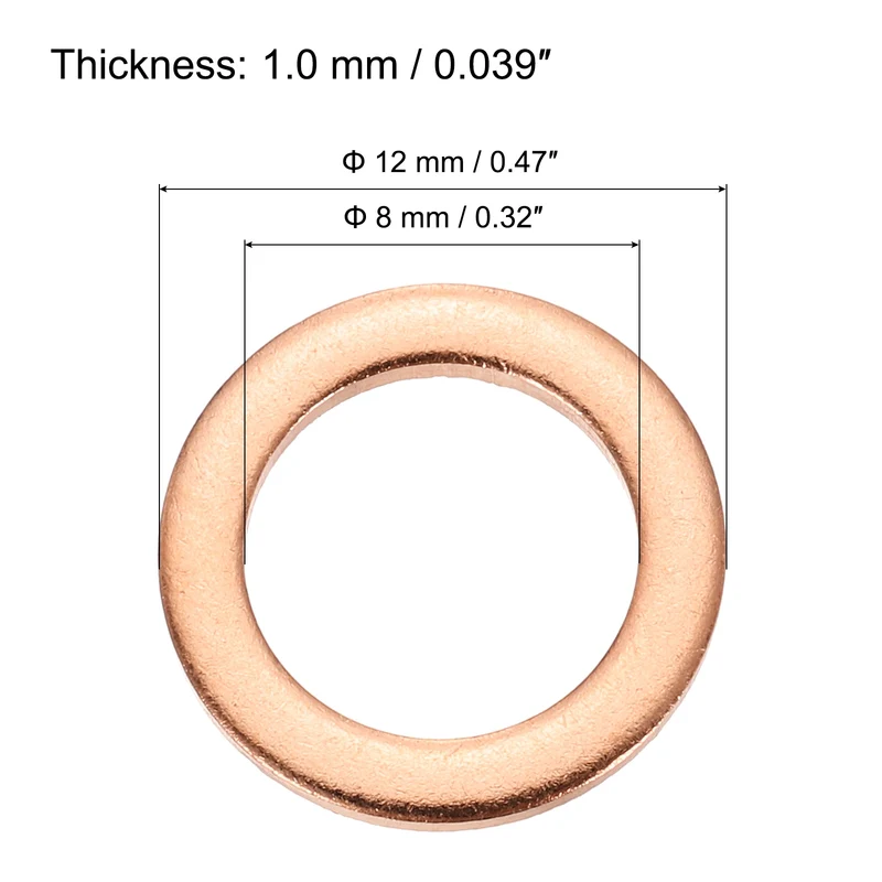 22 Pcs Flat Copper Washers, 8x12x1mm Copper Flat Sealing Crush Ring Washers