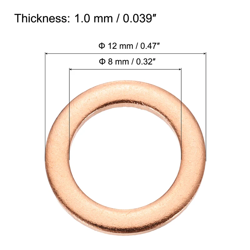 12 Pcs Flat Copper Washers, 8x12x1mm Copper Flat Sealing Crush Ring Washers