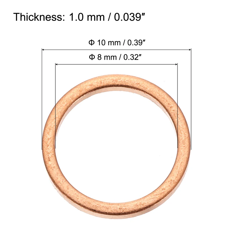 30 Pcs Flat Copper Washers, 8x10x1mm Copper Flat Sealing Crush Ring Washers