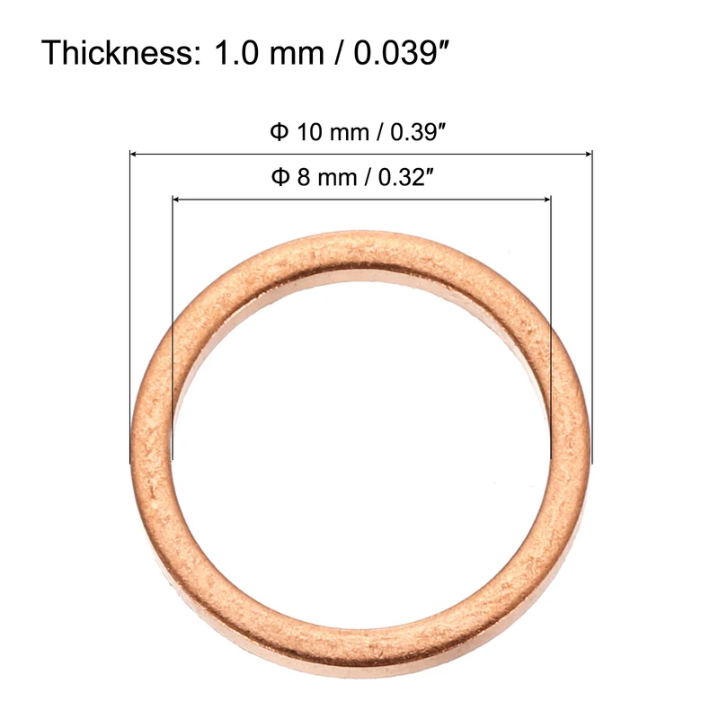 12 Pcs Flat Copper Washers, 8x10x1mm Copper Flat Sealing Crush Ring Washers