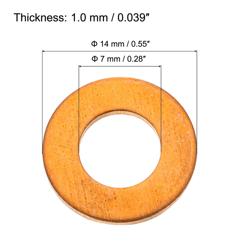 12 Pcs Flat Copper Washers, 7x14x1mm Copper Flat Sealing Crush Ring Washers