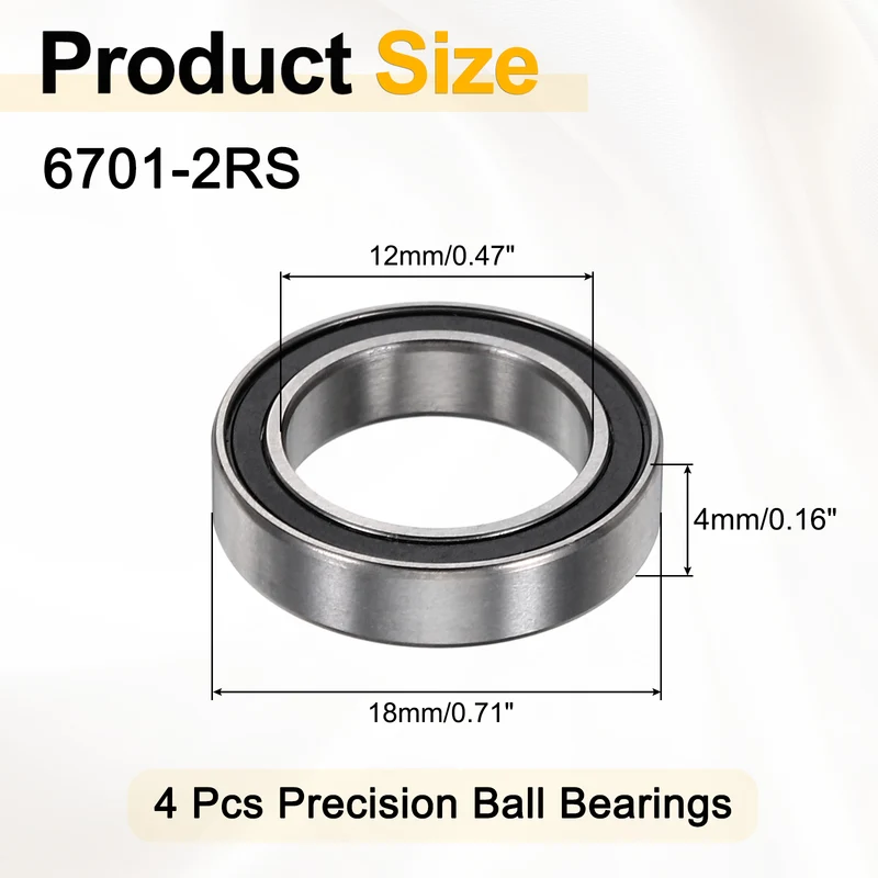 4Pcs 6701-2RS Deep Groove Ball Bearings 12x18x4mm ZV4 Level ABEC7 Precision