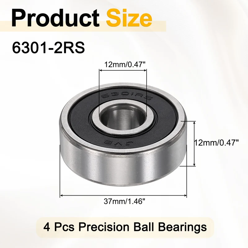 4Pcs 6301-2RS Deep Groove Ball Bearings 12x37x12mm ZV4 Level ABEC7 Precision