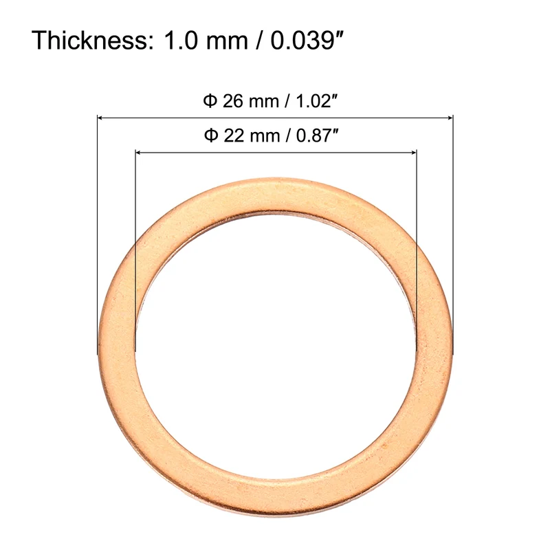 52 Pcs Flat Copper Washers, 22x26x1mm Copper Flat Sealing Crush Ring Washers