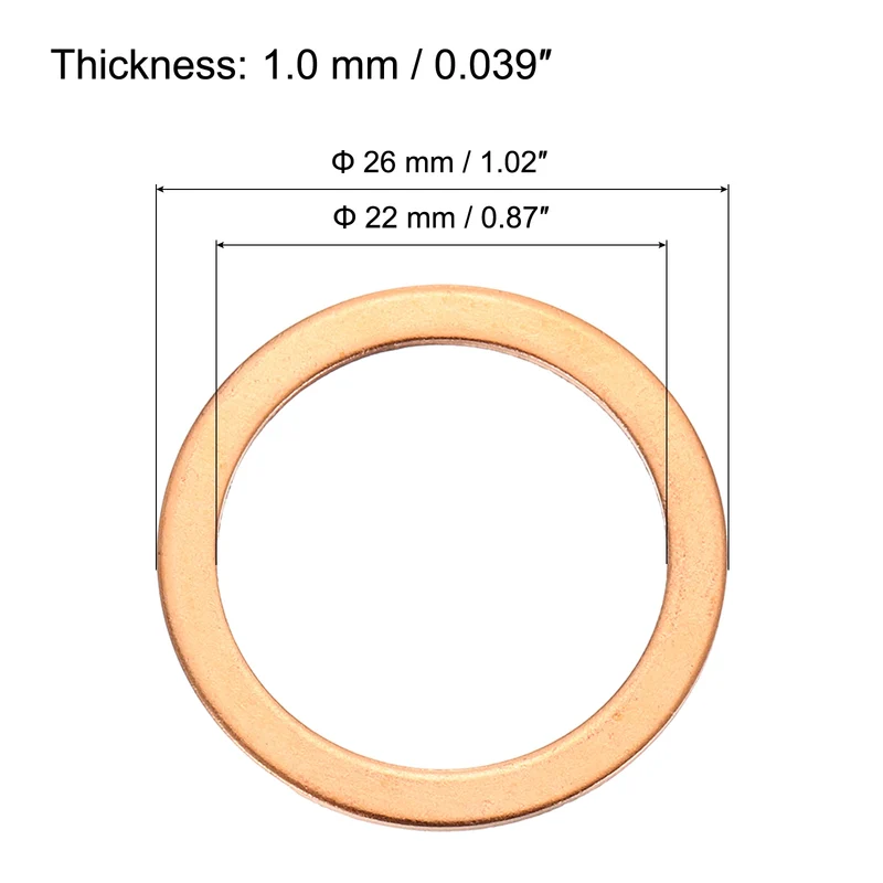 12 Pcs Flat Copper Washers, 22x26x1mm Copper Flat Sealing Crush Ring Washers