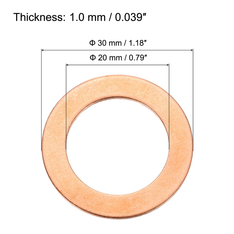 22 Pcs Flat Copper Washers, 20x30x1mm Copper Flat Sealing Crush Ring Washers