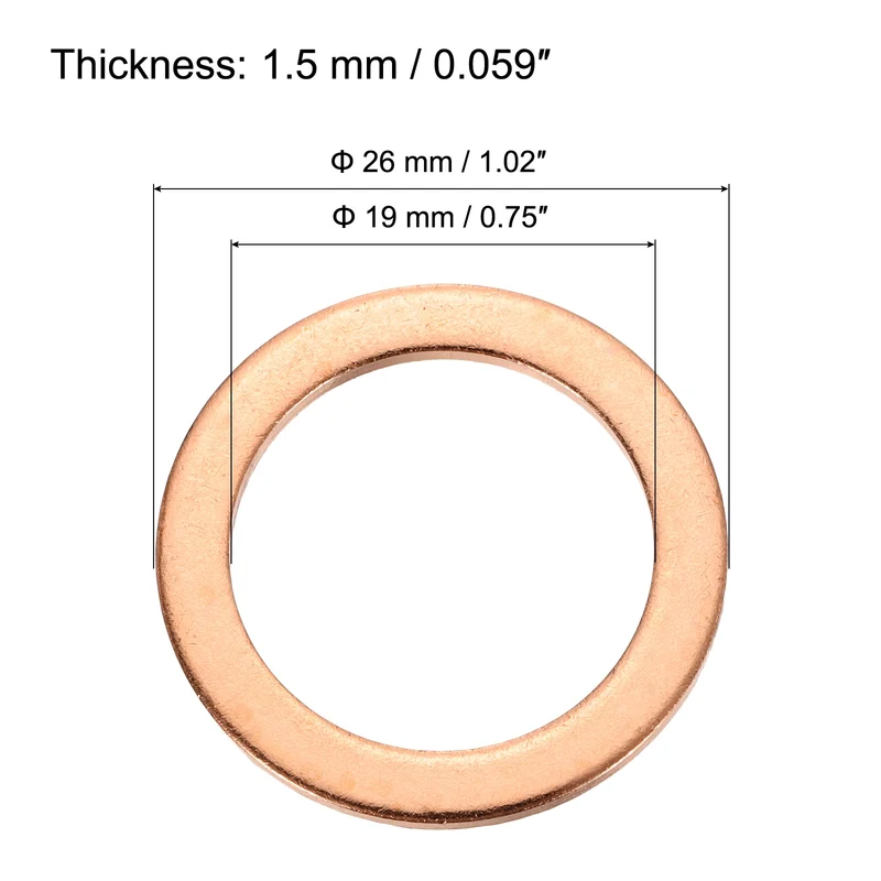 52 Pcs Flat Copper Washers, 19x26x1.5mm Copper Flat Sealing Crush Ring Washers