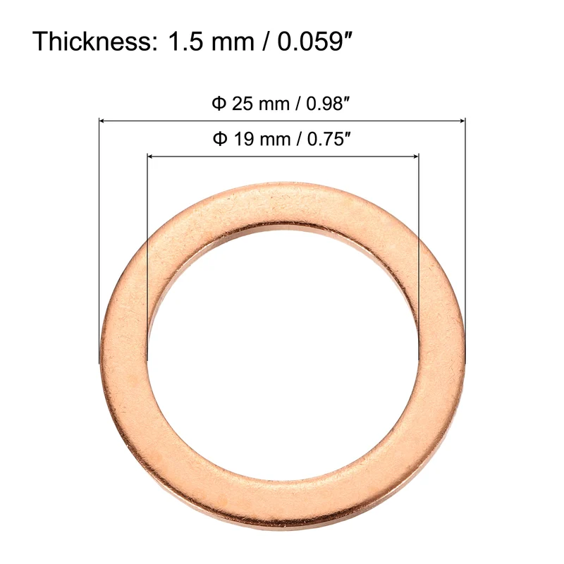 12 Pcs Flat Copper Washers, 19x25x1.5mm Copper Flat Sealing Crush Ring Washers