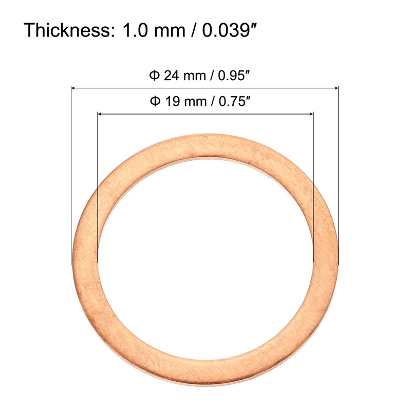 12 Pcs Flat Copper Washers, 19x24x1mm Copper Flat Sealing Crush Ring Washers