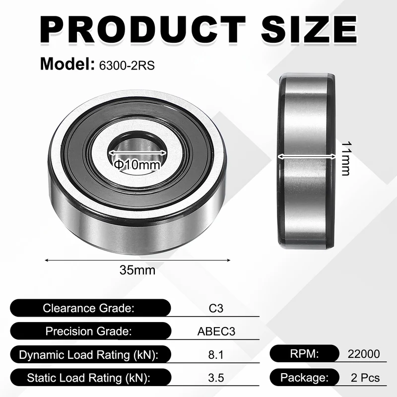 2Pcs 6300-2RS Deep Groove Ball Bearing, 10x35x11 mm Double Rubber Seal Bearing
