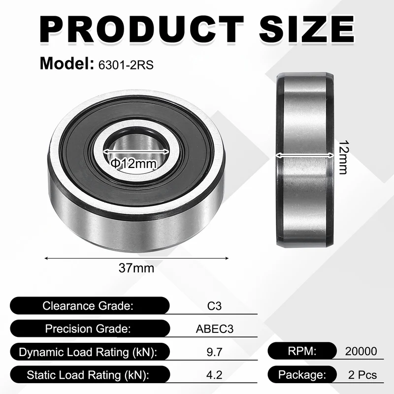 2Pcs 6301-2RS Deep Groove Ball Bearing, 12x37x12 mm Double Rubber Seal Bearing