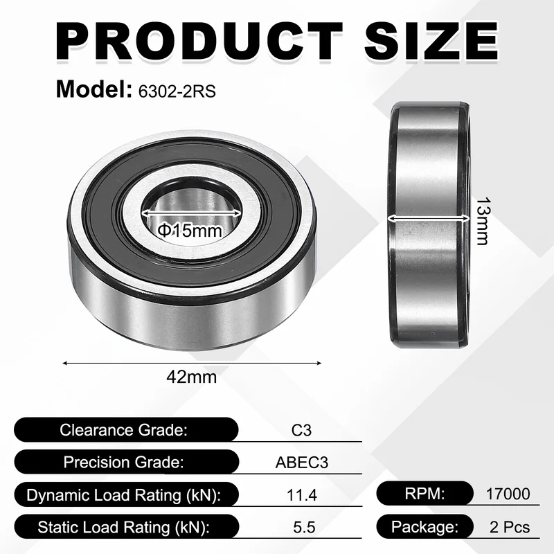 2Pcs 6302-2RS Deep Groove Ball Bearing, 15x42x13 mm Double Rubber Seal Bearing