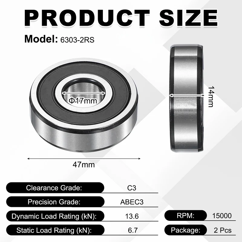 2Pcs 6303-2RS Deep Groove Ball Bearing, 17x47x14 mm Double Rubber Seal Bearing