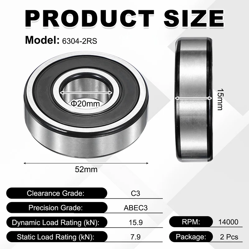 2Pcs 6304-2RS Deep Groove Ball Bearing, 20x52x15 mm Double Rubber Seal Bearing