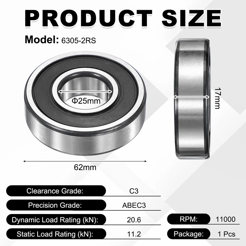 1Pcs 6305-2RS Deep Groove Ball Bearing, 25x62x17 mm Double Rubber Seal Bearing