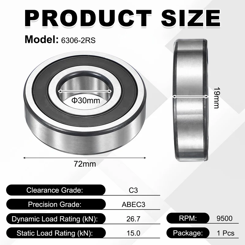 1Pcs 6306-2RS Deep Groove Ball Bearing, 30x72x19 mm Double Rubber Seal Bearing