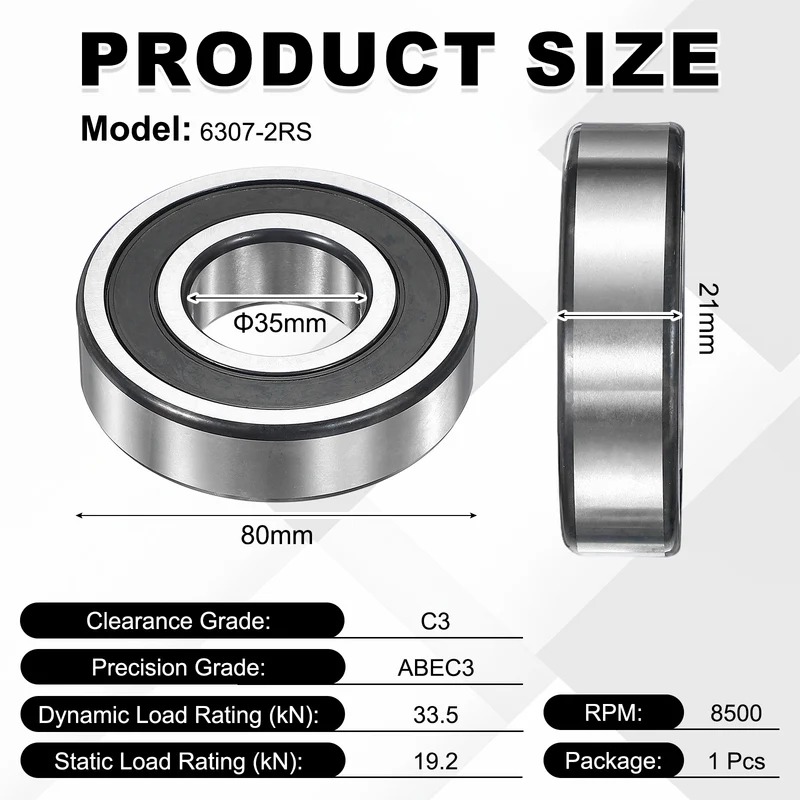 1Pcs 6307-2RS Deep Groove Ball Bearing, 35x80x21 mm Double Rubber Seal Bearing