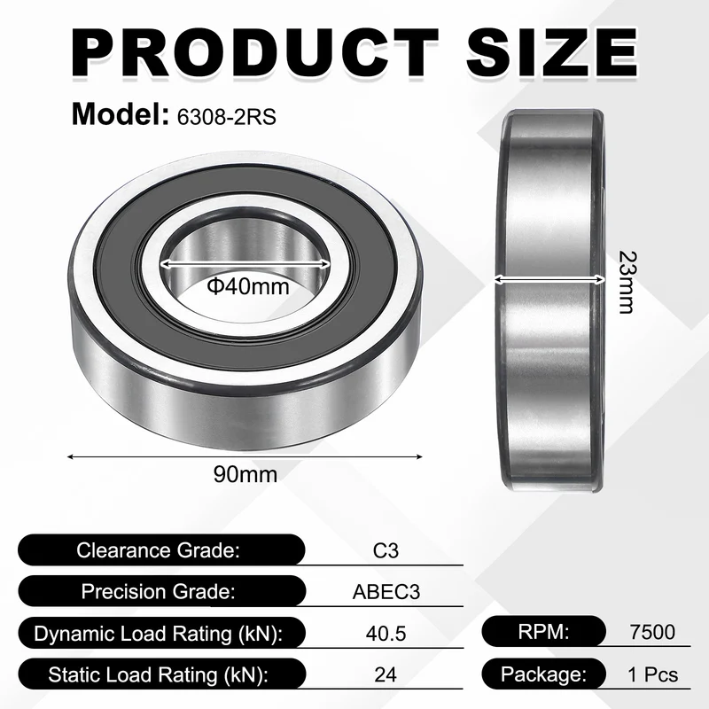 1Pcs 6308-2RS Deep Groove Ball Bearing, 40x90x23 mm Double Rubber Seal Bearing