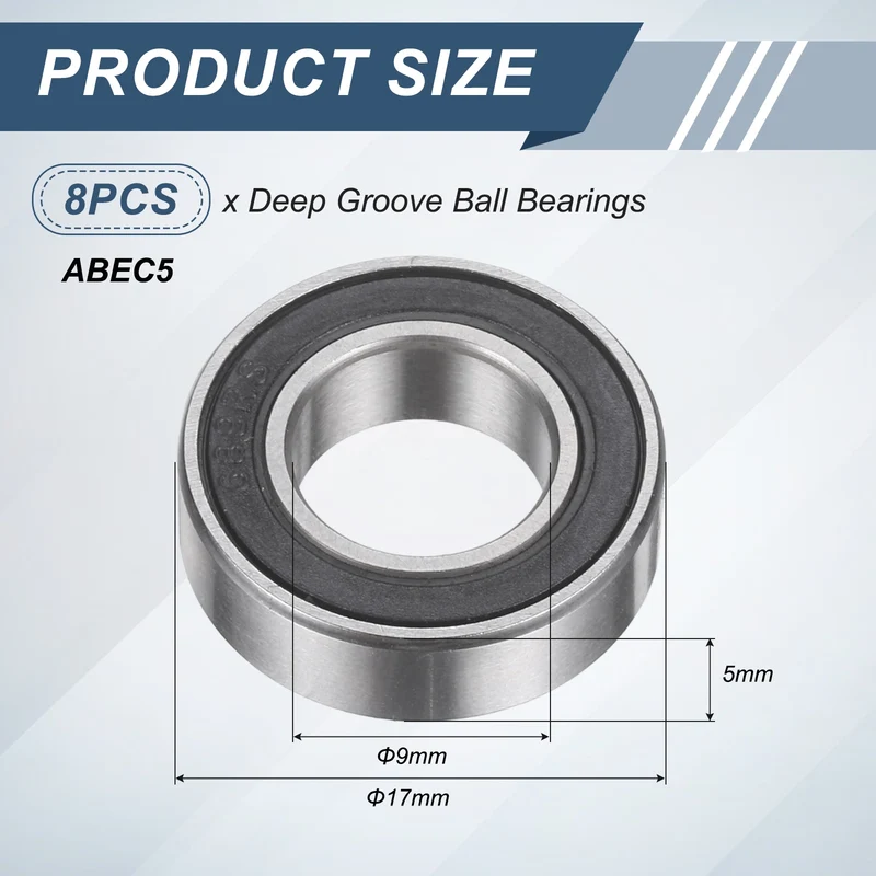 8Pcs 689 2RS 9mmx17mmx5mm Rubber Shielded Deep Groove Ball Bearing, Black