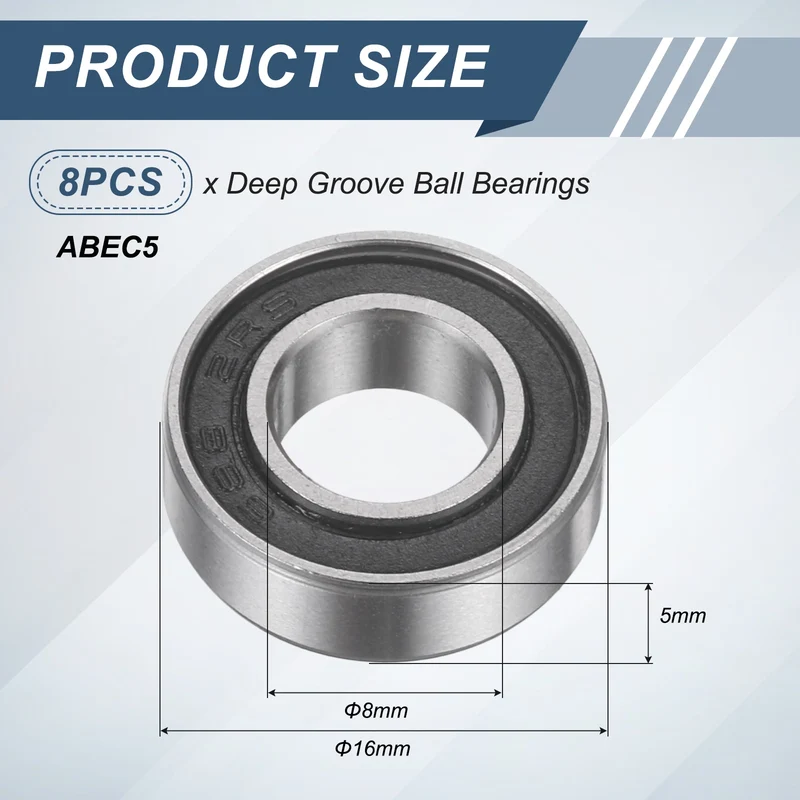 8Pcs 688 2RS 8mmx16mmx5mm Rubber Shielded Deep Groove Ball Bearing, Black