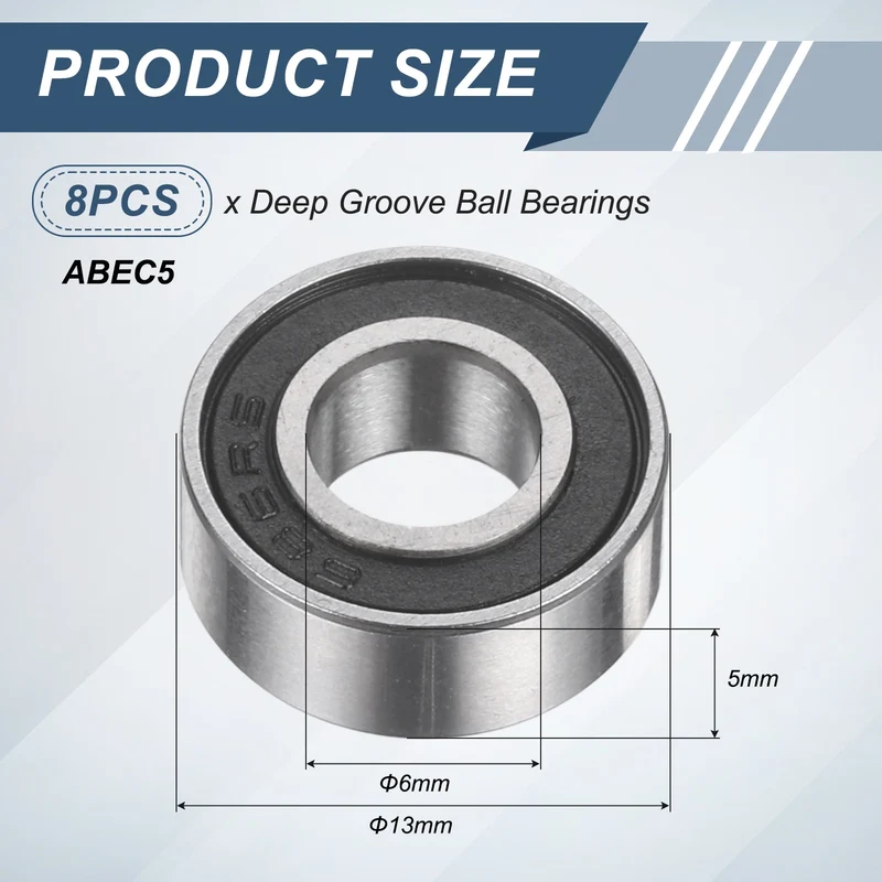 8Pcs 686 2RS 6mmx13mmx5mm Rubber Shielded Deep Groove Ball Bearing, Black