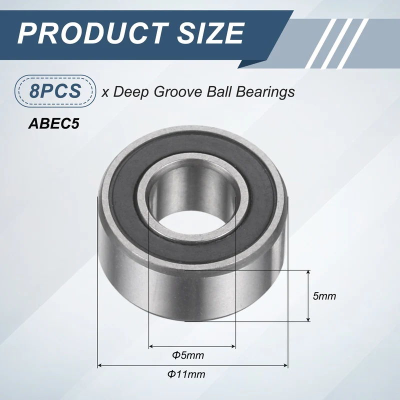 8Pcs 685 2RS 5mmx11mmx5mm Rubber Shielded Deep Groove Ball Bearing, Black