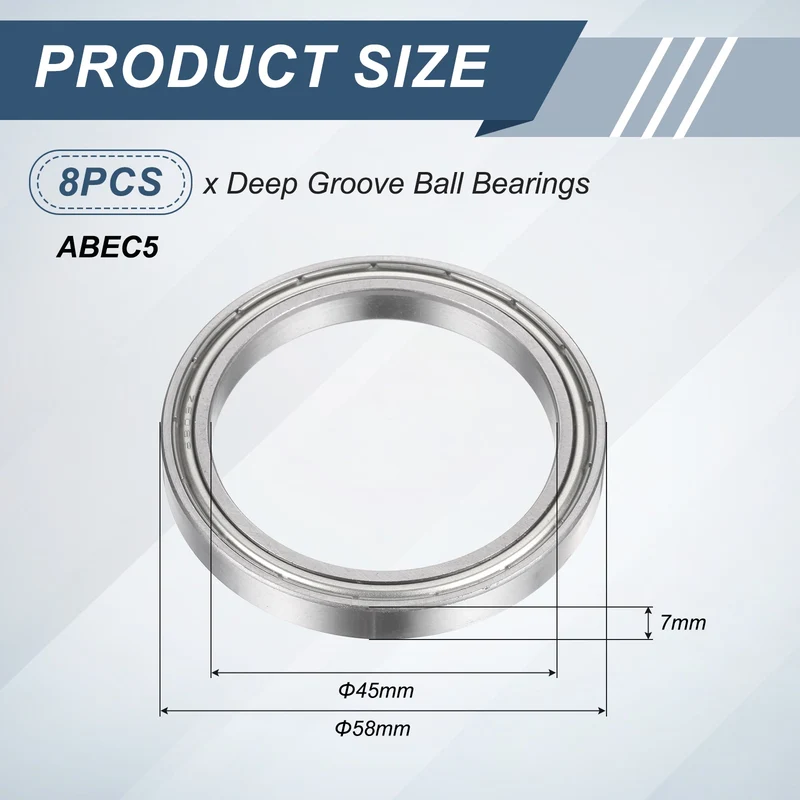 8Pcs 6809ZZ 45mmx58mmx7mm Metal Shielded Deep Groove Ball Bearing, Silver