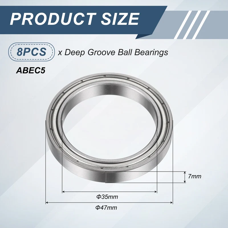 8Pcs 6807ZZ 35mmx47mmx7mm Metal Shielded Deep Groove Ball Bearing, Silver