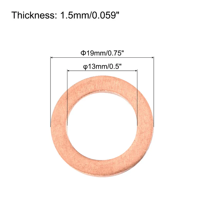 52 Pcs Flat Copper Washers 13x19x1.5mm Copper Flat Sealing Ring Washers