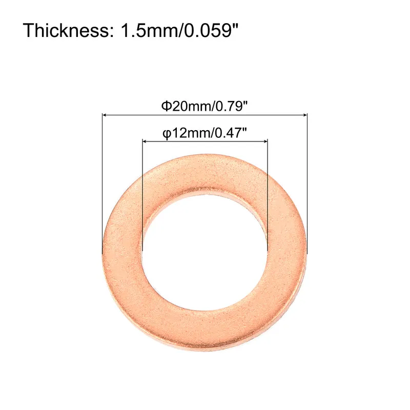 12 Pcs Flat Copper Washers 12x20x1.5mm Copper Flat Sealing Ring Washers