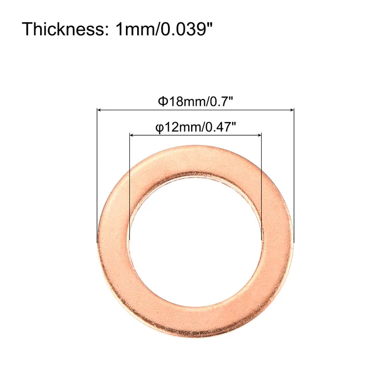 52 Pcs Flat Copper Washers 12x18x1mm Copper Flat Sealing Ring Washers