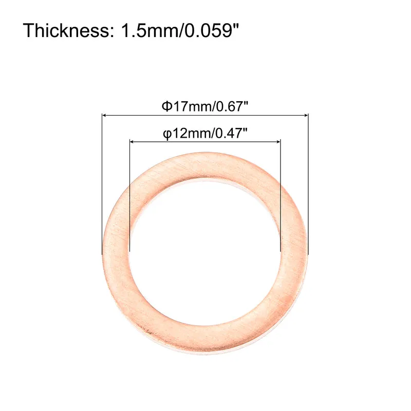 12 Pcs Flat Copper Washers 12x17x1.5mm Copper Flat Sealing Ring Washers