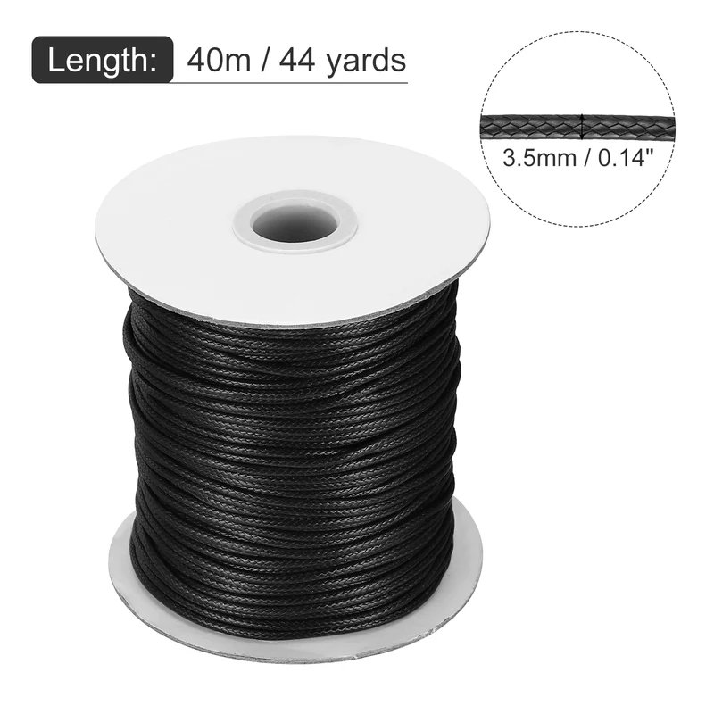 Waxed Cord 3.5mm Waxed Thread 44 Yard Wax String Leather Cord (Black)