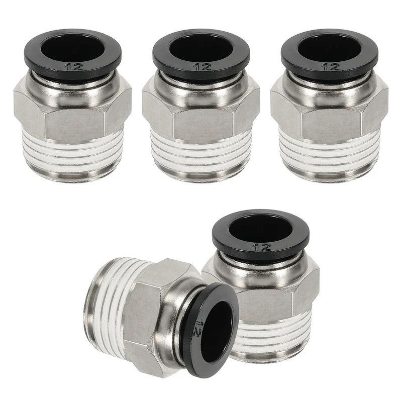 5 Pcs NPT Male 12mm Tube OD x 1/2" NPT Thread Push to Connect Fittings, Black