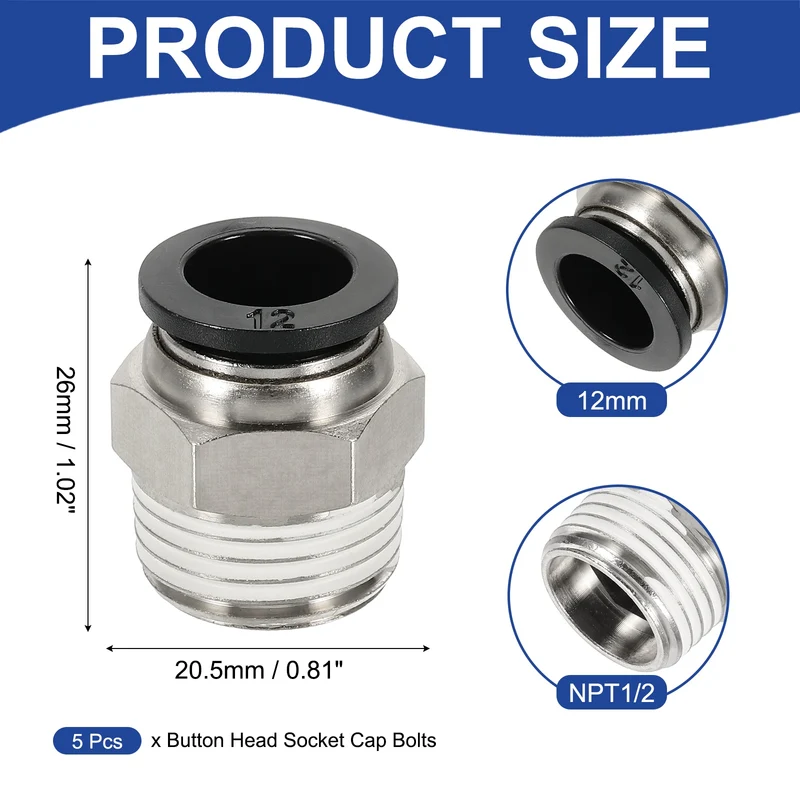 5 Pcs NPT Male 12mm Tube OD x 1/2" NPT Thread Push to Connect Fittings, Black