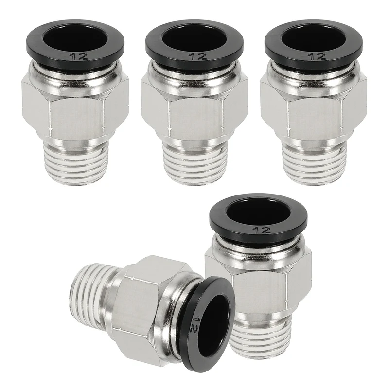 5 Pcs NPT Male 12mm Tube OD x 1/4" NPT Thread Push to Connect Fittings, Black