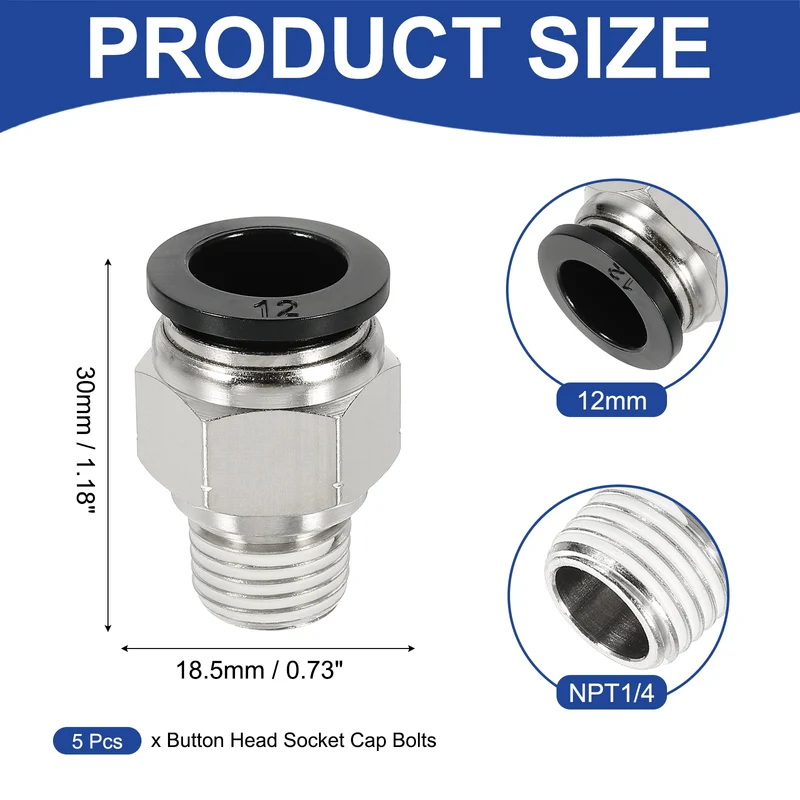 5 Pcs NPT Male 12mm Tube OD x 1/4" NPT Thread Push to Connect Fittings, Black